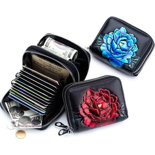 Women Wallet Genuine Leather Coin Purse Small Clutch Bag Rfid Female Card Holder Money Pocket Women Rose Pattern Wallets