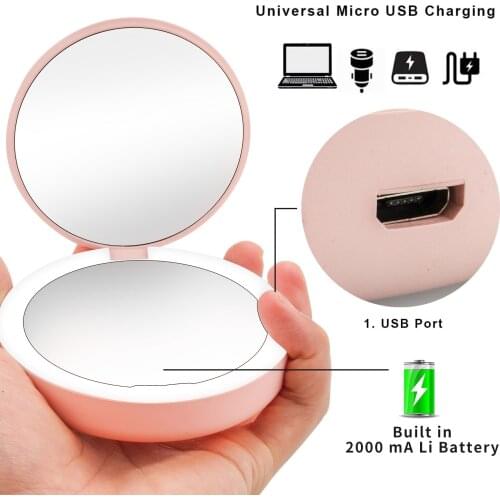 Makeup Cosmetic Mirror 1/5X Magnifying Lighted Mini Round Portable Hand Held LED Make Up Mirror USB Chargeable Makeup Tools