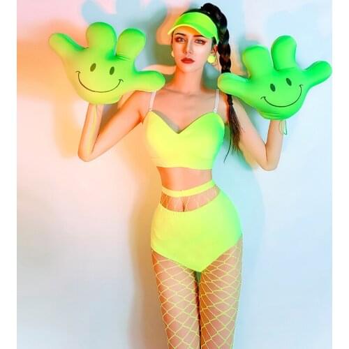Party Bar Fluorescent Green Gogo Jazz Dance Costume Suit Women Clubwear Pole Dance Clothing Lady Bikini Hand Puppet Set YS2186