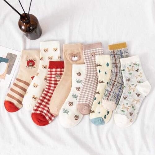 Japanese Cute Cartoon Bear Socks Women Causal Cotton Korean Spring New Style Plaid Striped Girl Kawaii Sweet Harajuku Red Socks