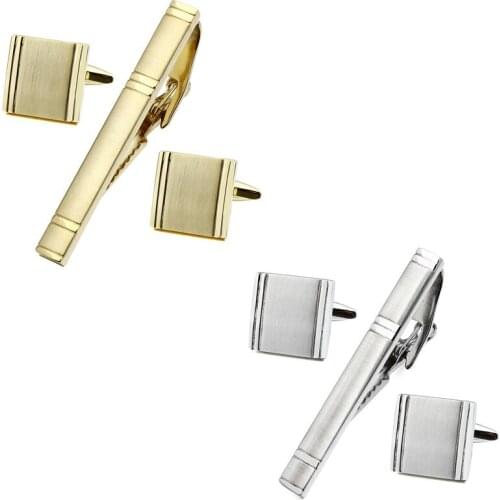 Trendy Square and Gold Man Shirt Cuff Links and Tie Bar Clips Set for Wedding and Business Accessories