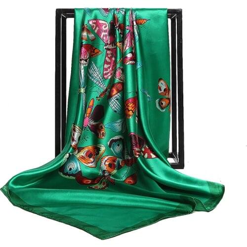 Fashion Spring Summer Green Blue Butterfly Printed Silk Scarf Women polyester Shawl Hijab Brand Satin Square Scarves 90*90cm