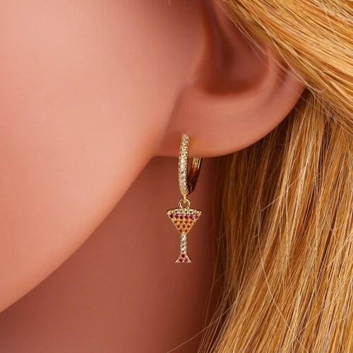 Trendy Wine Glass Asymmetric Brass Zircon Hoop Earring Cup Shape Gold Color Small Circle Fashion Women Jewelry Lady Gift