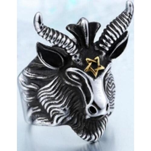 Men Ring Vintage Punk Satan Worship Baphomet Ram Aries Zodiac Sheep Goat Head Horn Biker Ring