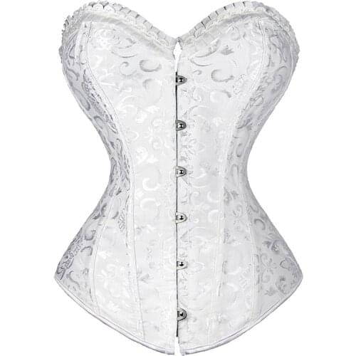 Dropshipping White Corset Brocade Spiral Steel Boned Corset Waist Trainer Corsets and Bustiers Corselet Gothic Plus Size S-6XL