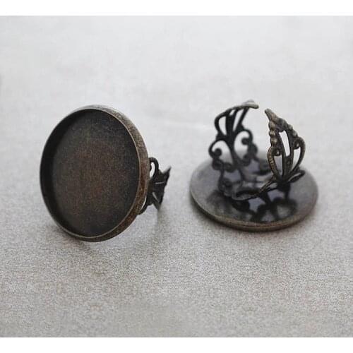 Blank Open Ring Settings with Round Smooth Bezel Cameo Cabochons Bases Filigree Flower Rings DIY Findings Antique Bronze tone