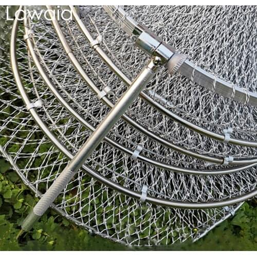 Lawaia Fishing Landing Net Handmade Grey Braided Line Hand Net Folding Quick-drying Net Cages Stainless Steel Rings Fishing Gear