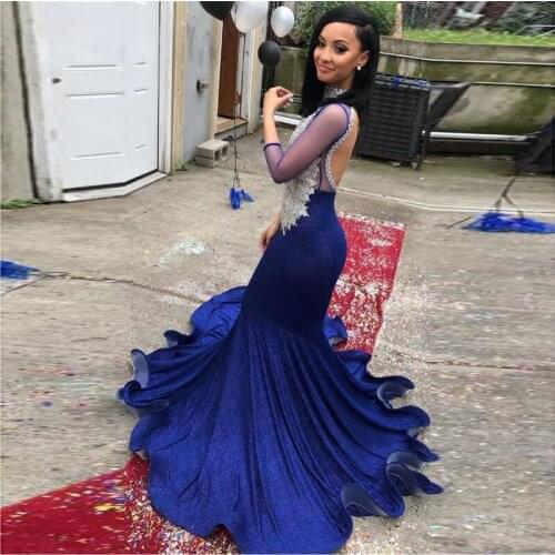Royal Blue Shiny Prom Dress Sheer Long Sleeves Mermaid Evening Gowns High Neck Silver Lace Appliques robes de soirée