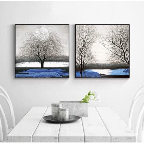 Blue Mountain and Tree Nordic Landscape Scenery Canvas Paintings Poster Print Pop Decorative Wall Art Pictures Living Room Decor