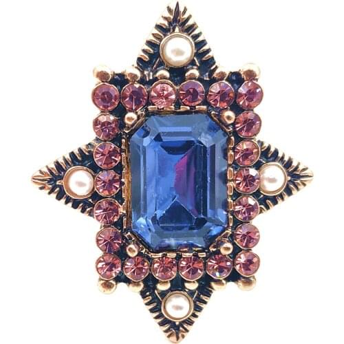 Vintage Style Blue Rectangle Stone Centered Burst Star Broaches Pins Retro Art Nouveau Scarf Shawl Business Suit Dress Jewelry