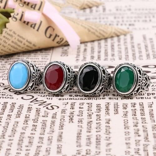 Oval Vintage Resin Ring Men Ethnic Textured Jewelry Women Ring Fashion Silvery Green Stone Big Rings For Women Accessorie Female