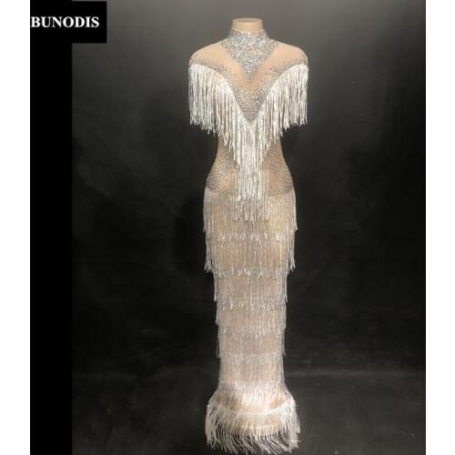 ZD409 Women Skin Color Sexy Silver Tassel Long Type Skirt Sleeveless Full Sparkling Crystals Nightclub Party Stage Wear
