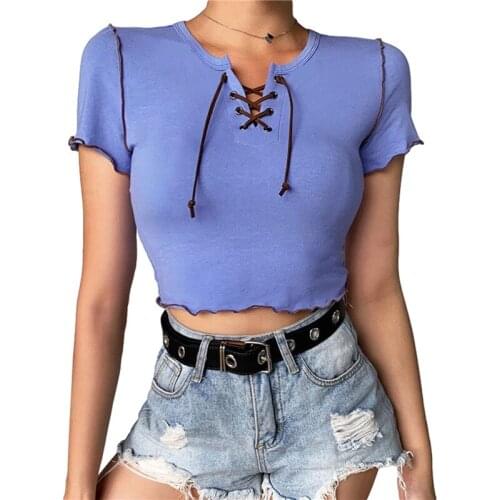 Women’s Casual Short Sleeve T-shirt Crop Tops Casual Ladies Solid Color Bandage Wavy Slim Fit Exposed Navel Tops Tees Summer