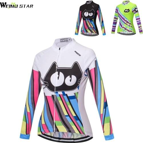 Cute Cat long sleeve Weimostar Women cycling jersey Bike Jersey cycling clothing MTB Road Bicycle Jersey Ropa Ciclismo