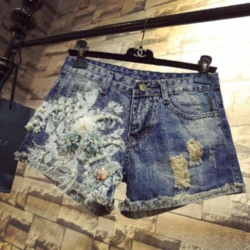 2021 Women Summer Vintage High Waisted Short Jeans Sexy Hot Woman High Waist Denim Shorts Lady Embroidery Beading Shorts G837