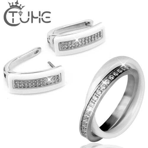 2019 Elegant Style Ceramic Rings & U Shape Stud Earrings Set Women Wholesale Shinning CZ Crystal African Jewelry Sets For Women
