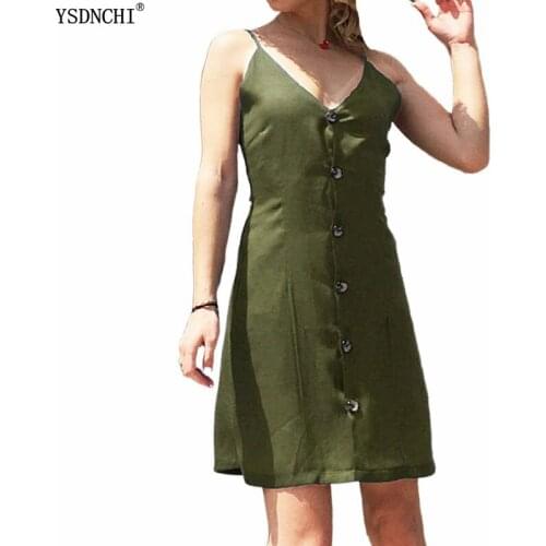 YSDNCHI Women Spaghetti Strap Solid Sexy Mini Dress Bow Backless A-Line Female Fashion Casual Buttons Deep V Neck Streetwear