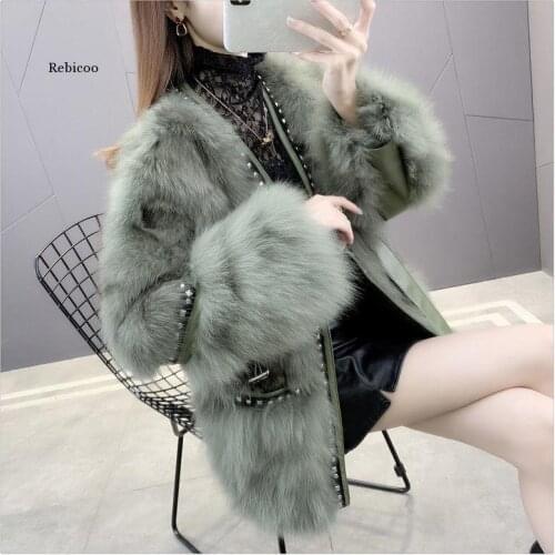 Womens Office Lady Fox Fur Grass Coat Fashion Middle Long Style Autumn Winter New Rivet Lace Up Fur Thickened Coat