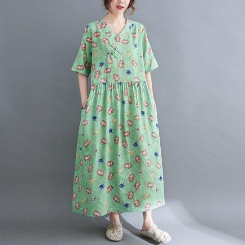 2021 New Arrival Short Sleeve Loose Summer Dress Print floral V-neck Prairie Chic Travel Casual Dress Women Vintage Midi Dress