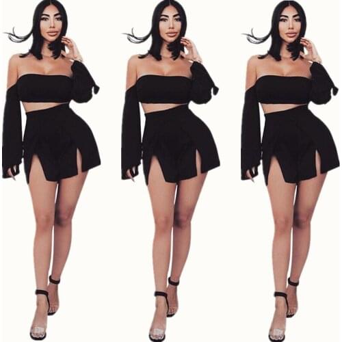 AHVIT Long Sleeve Black Color Sexy Women Two Piece Set Flare Sleeve Slash Neck Crop Top And Double Side Split Mini Skirt YZ-B701