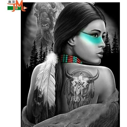 DIY 5D Indian Tribal Woman,Animal Diamond Embroidery,Full Rhinestone Diamond Painting Cross Stitch,Portrait Black White Picture