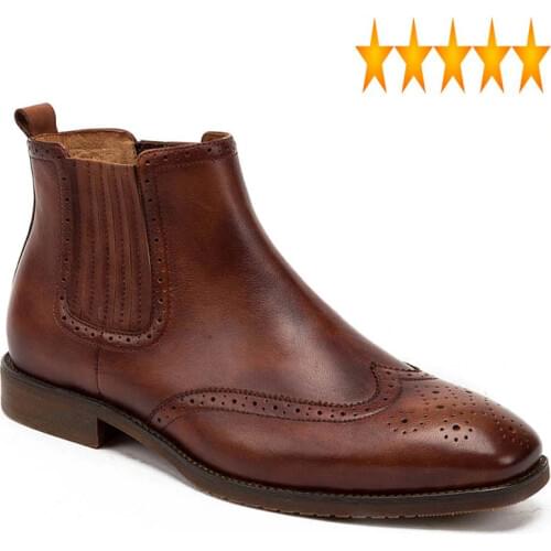 Vintage Mens Chelsea Boots Italy Breathable Cow Real Leather Slip On Business Work Safety Shoes Retro Brogue Wing Tip Footwear