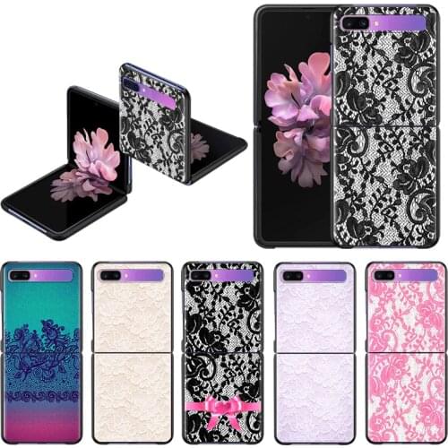 Flowers Lace Print PC Case For Samsung Galaxy Z Flip Black Hard Plastic Phone Coque Folding And Splitting Shell for Z Flip 5G