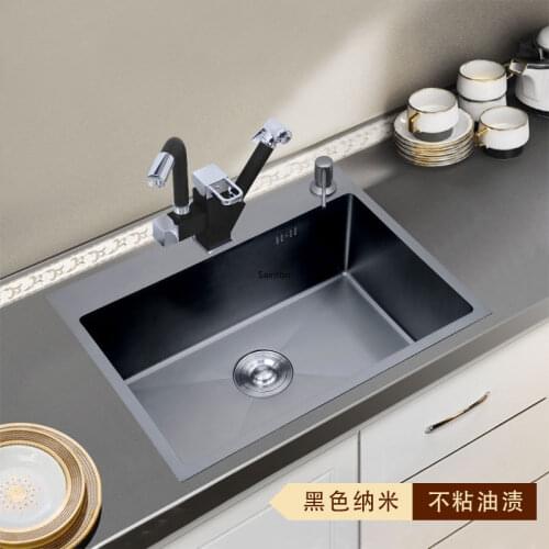 Black nanometer handmade sink single slot 304 stainless steel kitchen washing basin black gold washing pool set