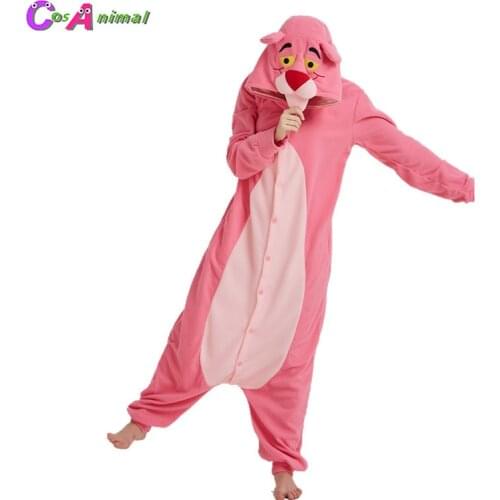 Adult Polar Fleece Kigurumi Pink Panther Cosplay Costume Cartoon Onesies Pajama Halloween Carnival Masquerade Party Jumpsuit