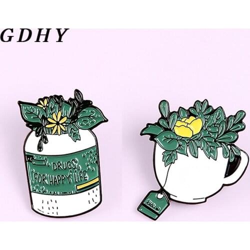 GDHY Chrysanthemum Cup Jar Enamel Pins Scented tea Daisy Plant Brooches Badges Lapel Pins Denim Clothes Pins Gifts Broche brosa