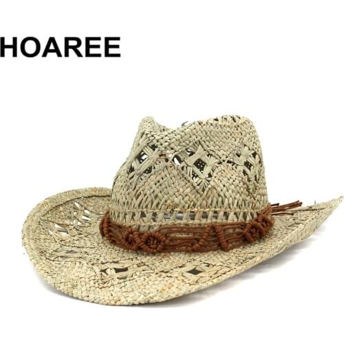 HOAREE Women Western Cowboy Hat Summer Beach Sun Hat Handmade Beach Casual Straw Cap Wide Brim Cowgirl Costume Accessories