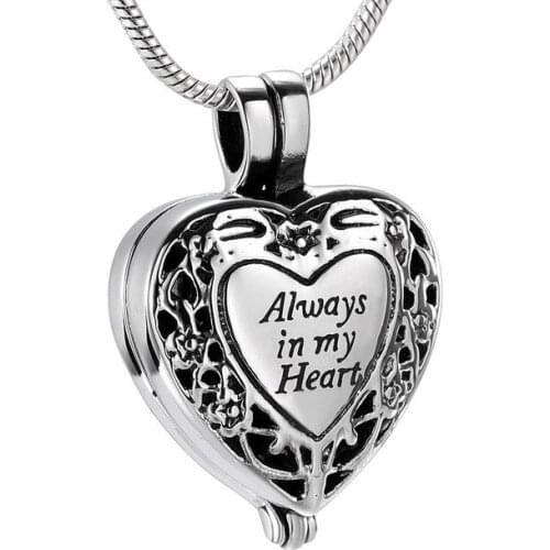 JJ9958 Carved Always In My Heart Stainless Steel Cremation Urn Jewelry - Inside Gold Cylinder Locket Memorial Necklace For Ashes