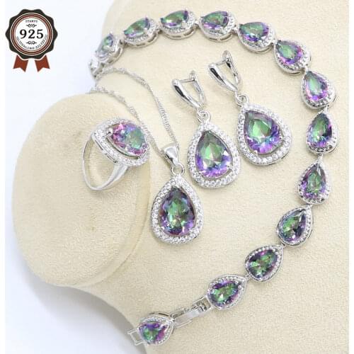 Water Drop Multi Color Rainbow Stones Silver Color Dubai Jewelry Set for Women Bracelet Earrings Necklace Pendant Ring Gift Box