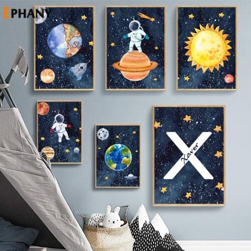 Cartoon Space Astronaut Rocket Canvas Painting Planet Moon Sun Wall Art Nursery Poster Pictures Baby Kids Boy Room Decor