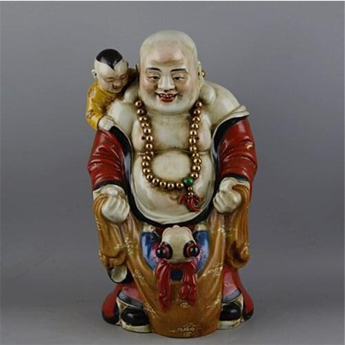 Chinese sculpture porcelain master Zeng Longsheng painted gold Buddha statues, grandfather and grandson of Buddha
