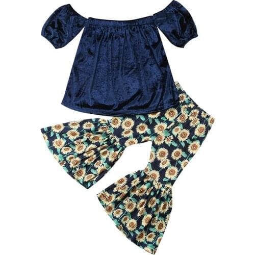 Baby Girl 2Pcs Clothes Set Tube Top Off Shoulder Sunflower Printed Loose Flare Casual Pants Outfits Cute Fashion Summer New 2018