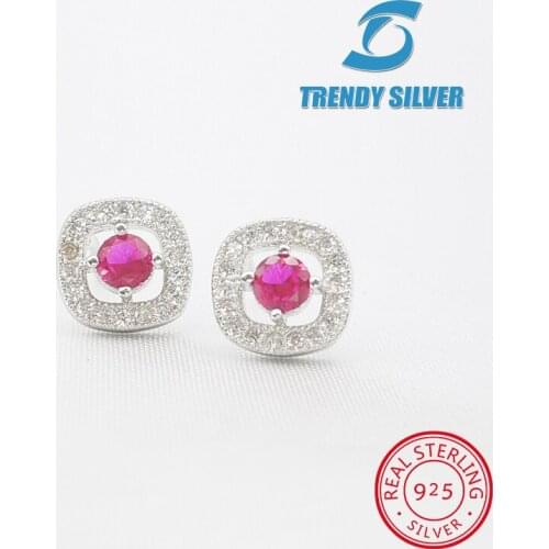 Round ruby cubic zircon stub earrings with stones for women girl 925 sterling silver jewelry free shipping valentines gift