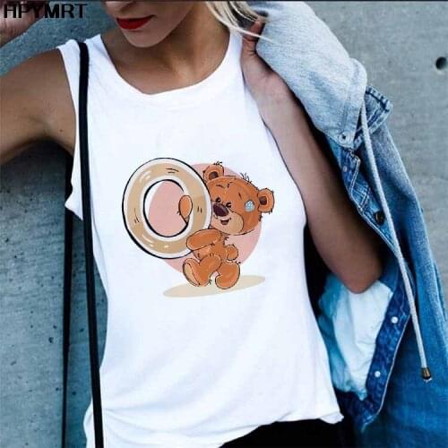Summer 26 Kawaii English Bear Alphabet Print Tank Tops women Harajuku Casual White Vest Fashion Female Sleeveless Clothes Top