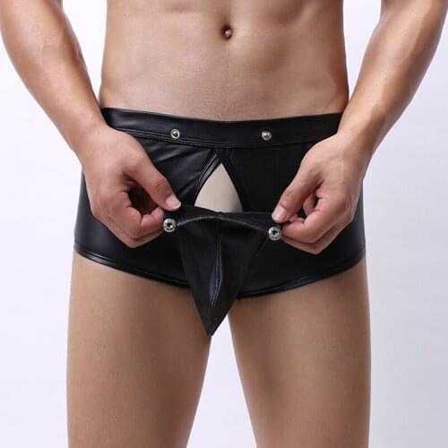 Sexy Men Boxer Shorts Underwear Black Faux Leather Man Breathable Buckle Open Penis Pouch Lingerie Underpants Gay Panties S-XL