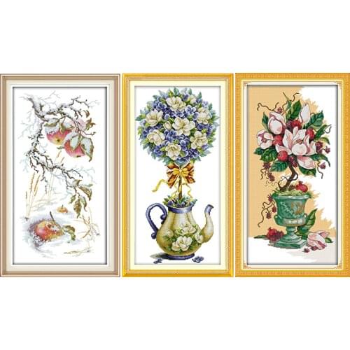 Flowers growing in cups 11CT14CT handmade cross stitch kits printed pattern craft DMC on fabric sewing needlework embroidery set