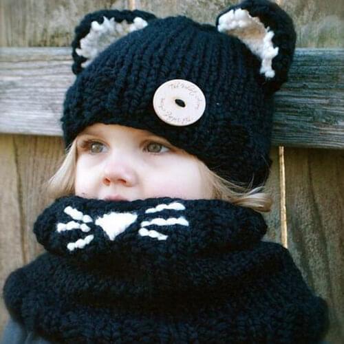 Autumn&Winter new cute fashion cartoon cat fox 3 colors warm manual knit children boys girls baby neckerchief cap set