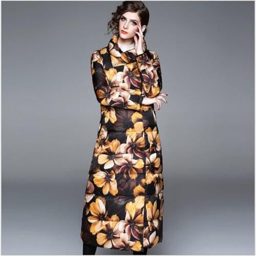 Women European station over the knee long down jacket Womens 2020 winter new printed warm white duck down coat female outwear