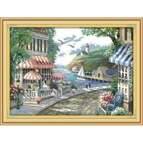 Joy Sunday Seaside cafe cross stitch kits Landscape series pattern Printed Chinese embroidery needlework set Decoration for home