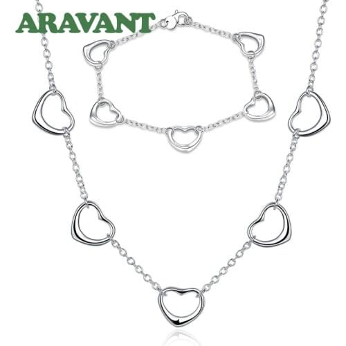 925 Silver Jewelry Sets Romantic Heart Bracelet Necklace Chain For Women Wedding Silver Jewelry Valentines Gifts