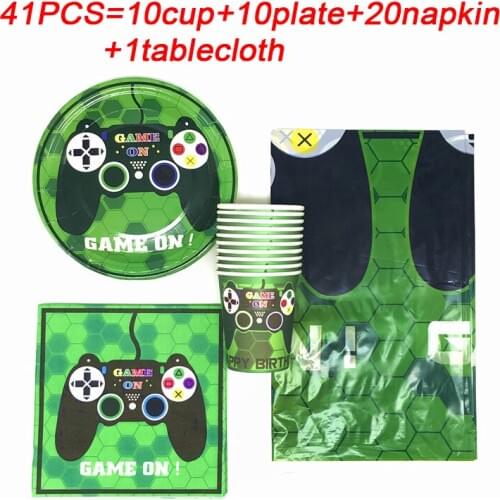 Green Game Theme Party Disposable Tableware Set Video Game Controller Napkin Paper Cup Plate Kids Boy Party Supplies Decoration