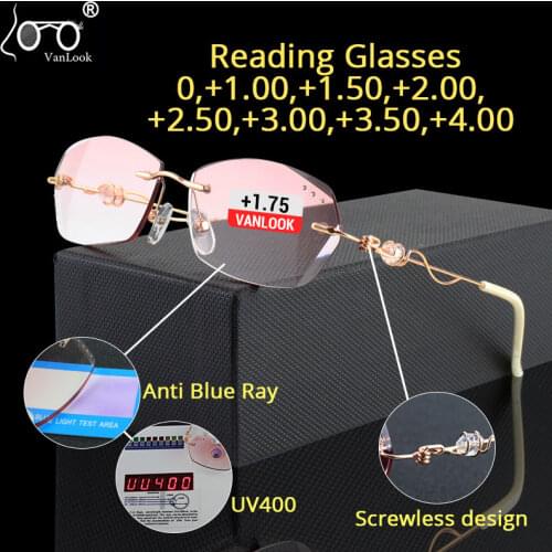 Women Rimless Reading Glasses Rhinestone Eyeglass Frames Anti Blue Ray Computer Glasses Diamond Cutting Tinted Len Optical Spect