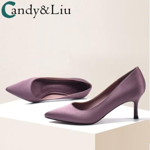 Female Pumps Pointed Single-shoe Girl 2021 Spring New Purple 5cm Ceremonial Banquet Shoes Shallow Mouth Heel Heels Female
