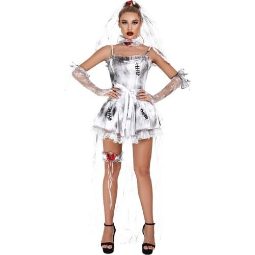 Womens Role Playing Halloween Costume Ghost Bride Hair Net Lace Necklace Suspender Skirt Transparent Gloves And Leg Guards