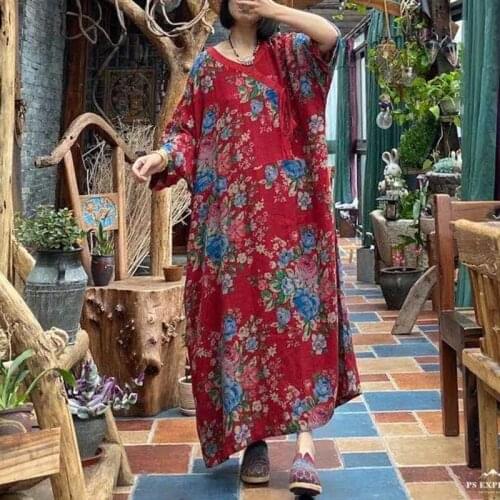 Johnature Cotton Print Flower Women Vintage Belt Dresses Chinese Style V-Neck Three Quarter Sleeve Loose 2021 Summer Dresses