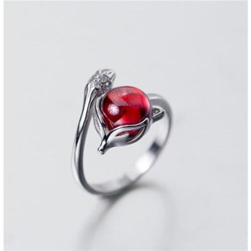 Retro National Wind Garnet Cute Fox Ring Silver Plated Opening Adjustable Ring Korean Womens Girls Daily Jewelry Accessories
